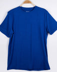 MOVE Sport Apparel men’s Essential Short Sleeve: Surf the Web blue shirt shown from the front on a hanger.