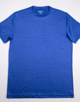 Front view of the Surf the Web blue LuxDry Training T-Shirt with original red-chevron sleeve tab.