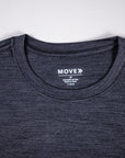 Charcoal Asphalt merino tee crew neckline, interior label and fine heather fabric detail.