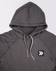 MOVE sport apparel charcoal grey waffle-knit hoodie with an adjustable hood, raglan sleeves, and chest logo patch.