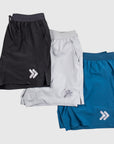 MOVE sport apparel Agility 6 inch training shorts in black, light grey, and blue with boxer brief liners.