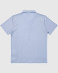Back view of a light blue MOVE sport apparel Essential Polo Shirt made from moisture-wicking performance fabric.
