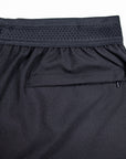 MOVE sport apparel black men's running shorts featuring a breathable waistband and a secure zippered back pocket.