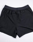 MOVE sport apparel black men's running shorts with a breathable waistband, zippered pocket, and 5-inch inseam.
