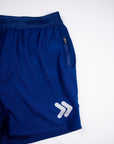 MOVE sport apparel men's blue running shorts with a breathable waistband, zippered pocket, and reflective logo detail.