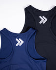 MOVE sport apparel women's cropped racerback tanks in navy and black with white logo detail on the back