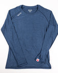 MOVE sport apparel Women's Essential long sleeve shirt in heathered blue with raglan sleeves and logo branding.