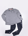 MOVE Sport Apparel Black Camouflage women’s 25-Inch Running Tights styled with a grey top in a flat lay.