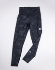Front view of MOVE Sport Apparel women’s 25-Inch Running Tights in Black Camouflage.