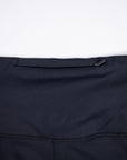 MOVE Sport Apparel women’s Biker Shorts: Close view of the broad waistband and seams on Black biker shorts.