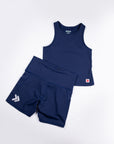 MOVE Sport Apparel women’s Biker Shorts: Maritime Blue biker shorts arranged with a matching cropped tank.