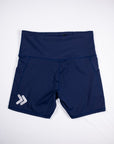 Maritime Blue MOVE Sport Apparel Women’s Biker Shorts shown flat with their original silver chevrons near the hem.