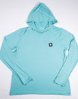MOVE Sport Apparel women’s Black Label Lightweight Sun Hoodie: Aqua Splash sun hoodie shown flat from the front.