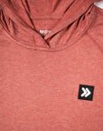 MOVE Sport Apparel women’s Black Label Lightweight Sun Hoodie: Close view of the hood neckline and chest patch on the Desert Sand sun hoodie.