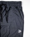 Black Essential Joggers showing elastic waistband, drawstring, pocket and original thigh embellishment.