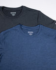 Pageant blue and Heather Black MOVE Sport Apparel women’s Essential Short Sleeve T-shirts, close view of their crew necklines and shoulder seams.