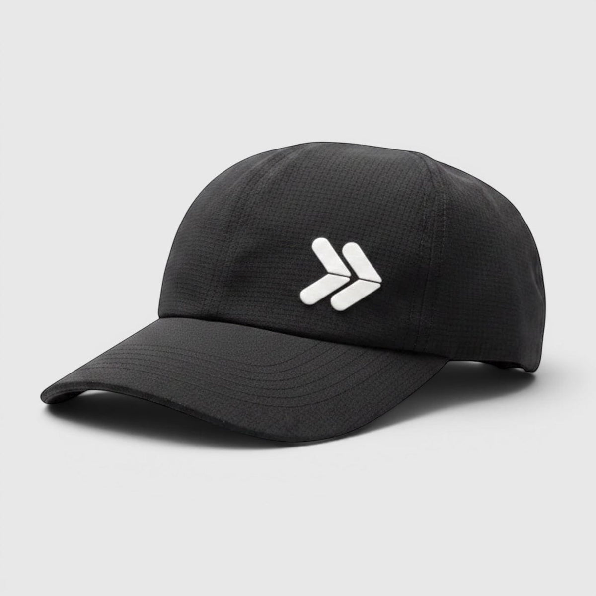 Three-quarter view of the Black Logo Running Hat with original raised white chevron embellishment.