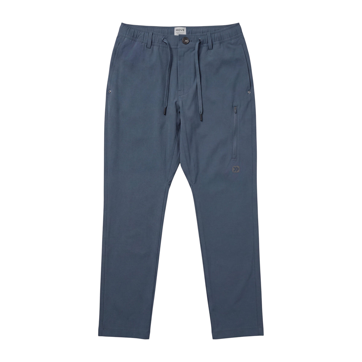 Front flat lay of the China Blue Everyday Commuter Pants with drawstring waist and pockets.