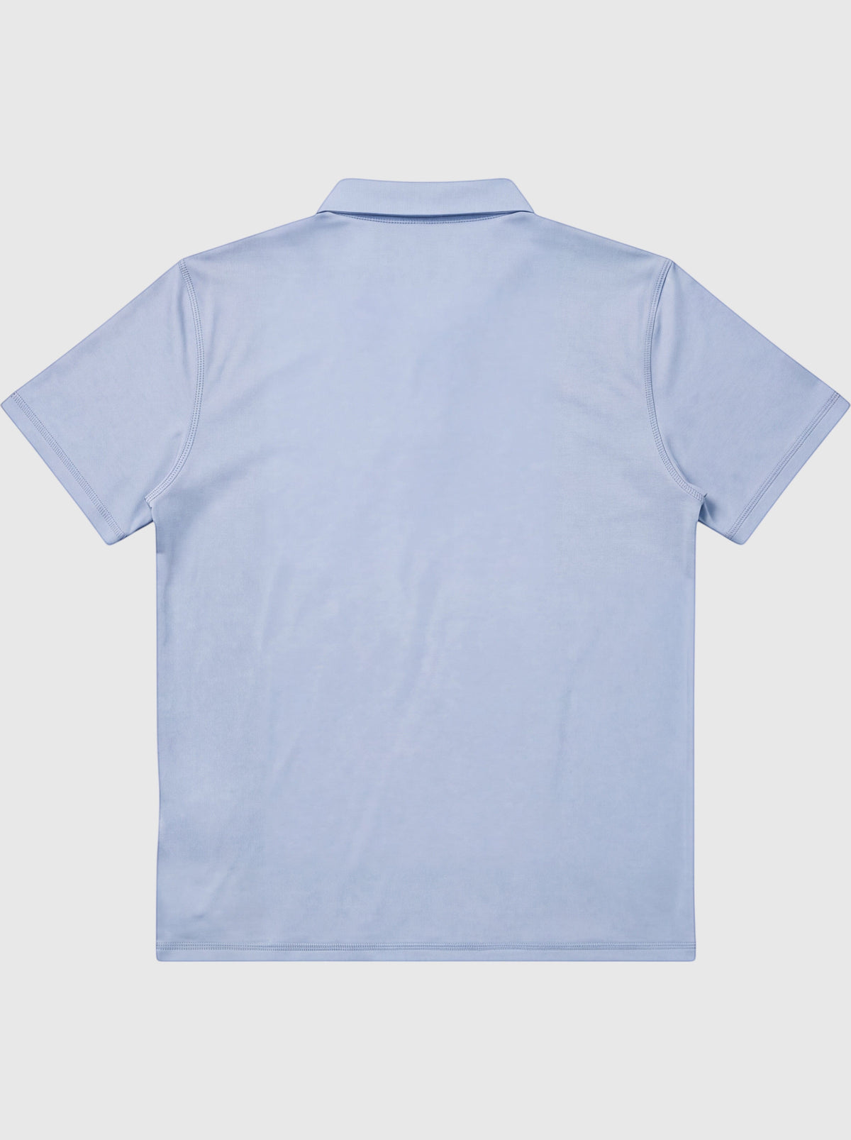 MOVE Sport Apparel Essential Polo Shirt. Light blue polo laid flat, back view.