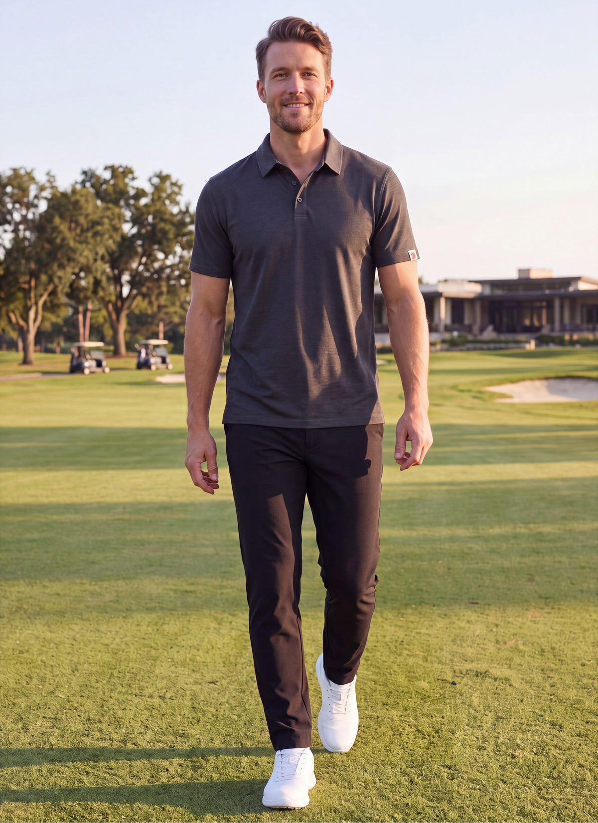 MOVE Sport Apparel Essential Polo Shirt. Man walking on a golf course wearing the Heather Black polo.