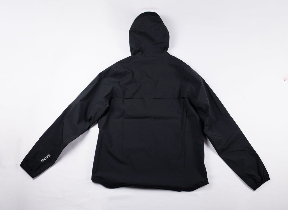 Original back view of the black MOVE Sport Apparel women’s AquaLight hooded jacket.