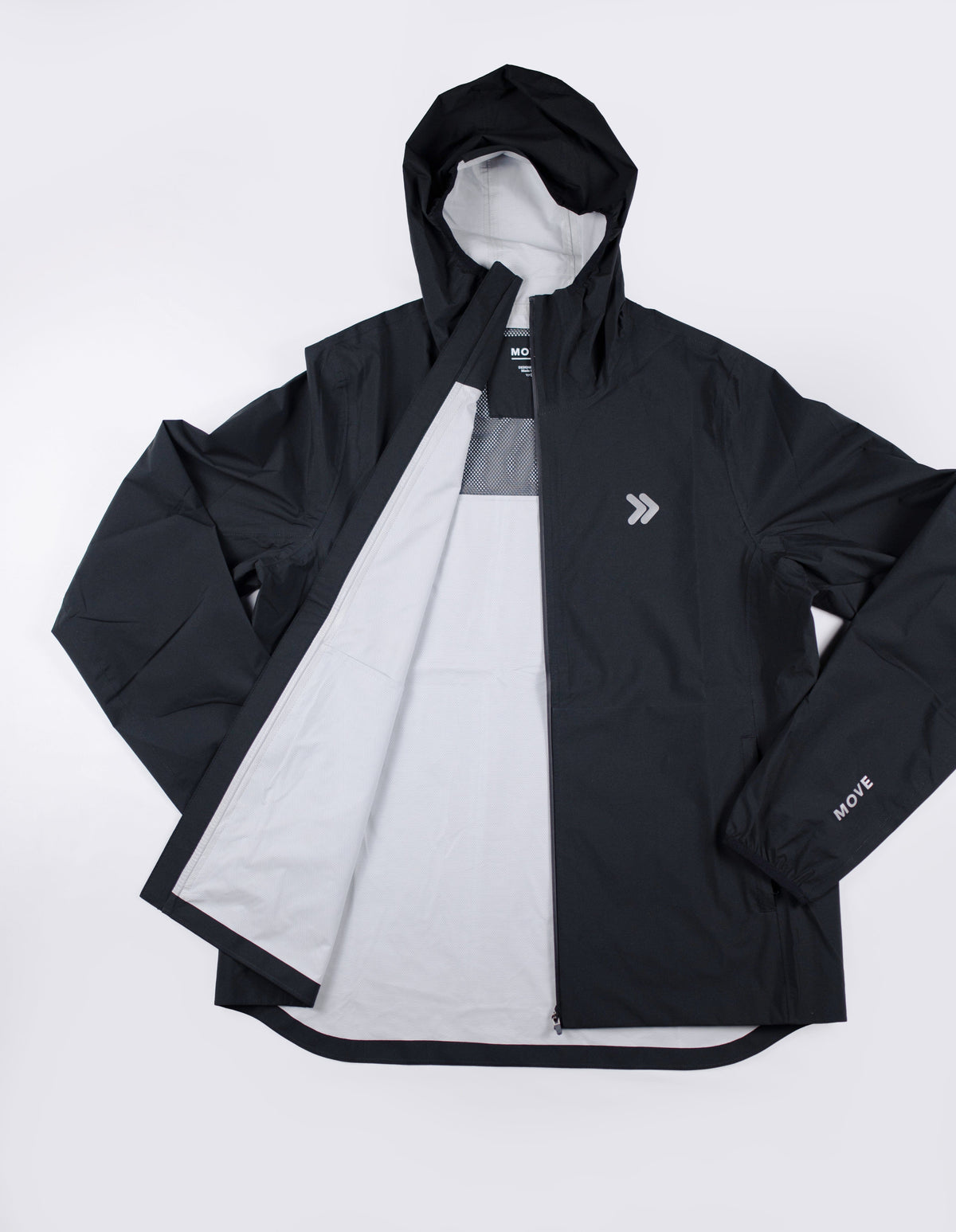 Original black MOVE Sport Apparel women’s AquaLight jacket showing the hood and white mesh lining.