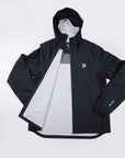 Original black MOVE Sport Apparel women’s AquaLight jacket showing the hood and white mesh lining.