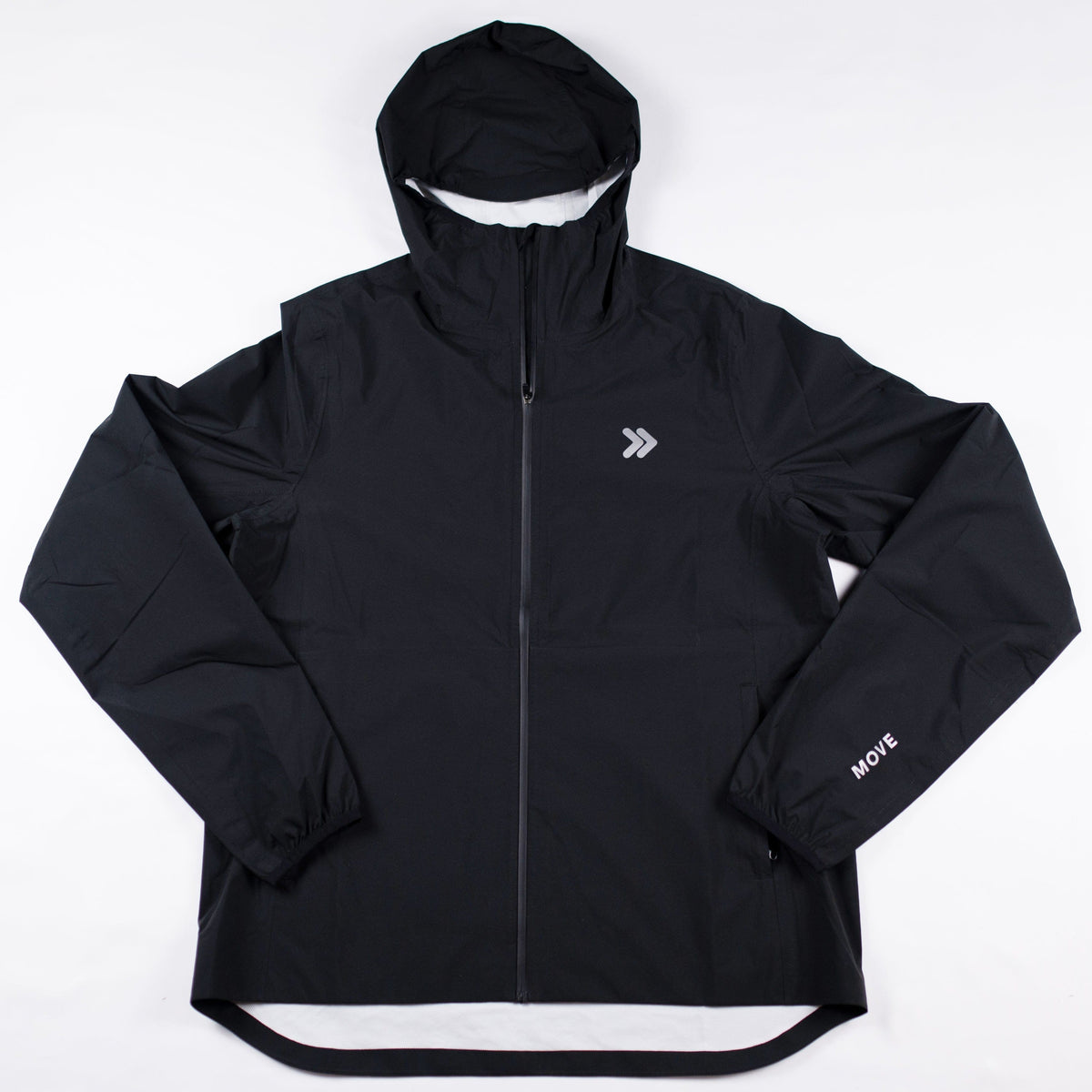 Original front view of the black MOVE Sport Apparel women’s AquaLight jacket with gray chest embellishment and MOVE sleeve lettering.