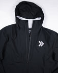 Black MOVE Sport Apparel men’s AquaLight jacket showing hood and original chest embellishment.