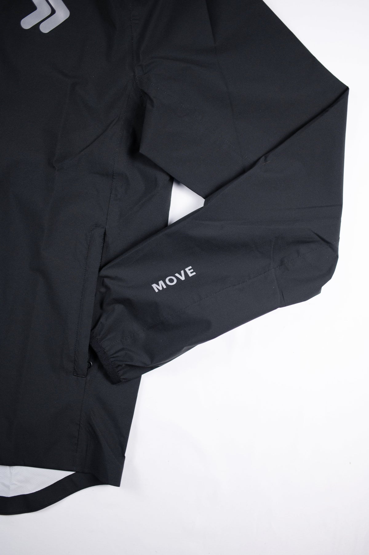 Black MOVE Sport Apparel men’s AquaLight jacket showing sleeve lettering and side pocket details.