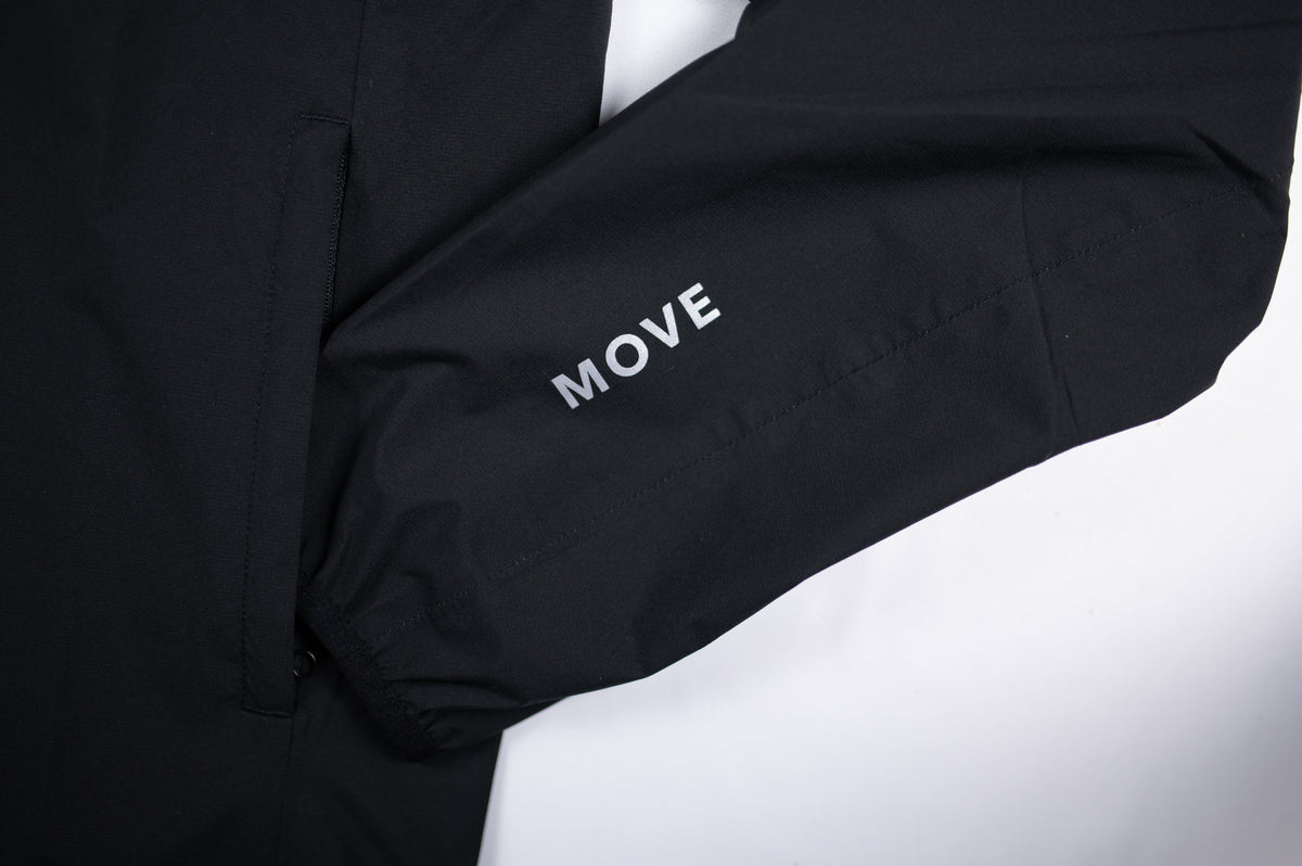 Black MOVE Sport Apparel men’s AquaLight jacket sleeve showing MOVE lettering.