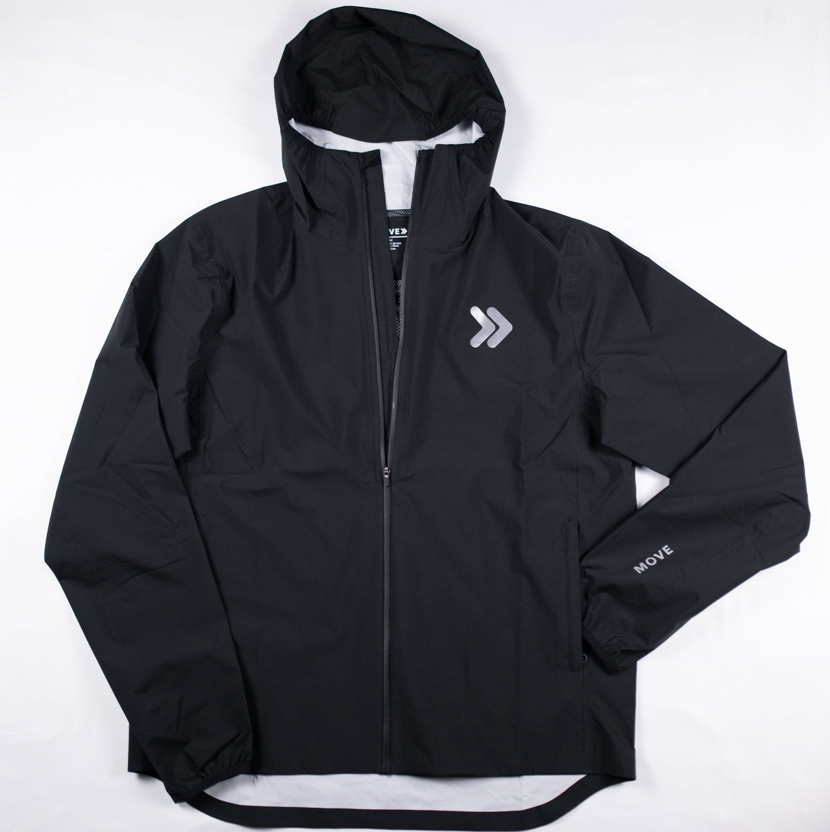 Original front view of the black MOVE Sport Apparel men’s AquaLight hooded jacket with gray chest embellishment and MOVE sleeve lettering.