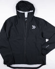 Original front view of the black MOVE Sport Apparel men’s AquaLight hooded jacket with gray chest embellishment and MOVE sleeve lettering.