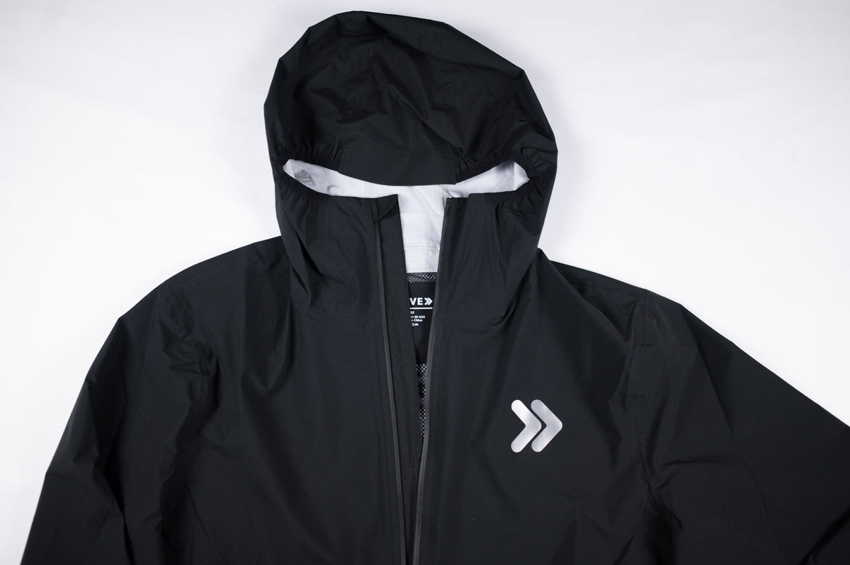 Original garment view of the black MOVE Sport Apparel men’s AquaLight hooded jacket.