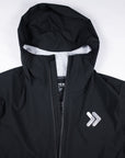 Original garment view of the black MOVE Sport Apparel men’s AquaLight hooded jacket.
