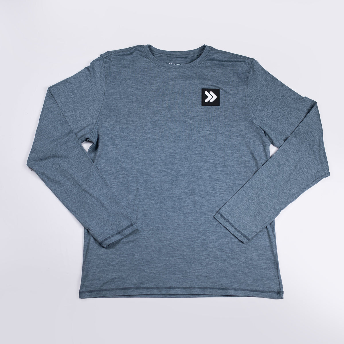 Blue Mirage Black Label long sleeve crew neck top laid flat from the front.