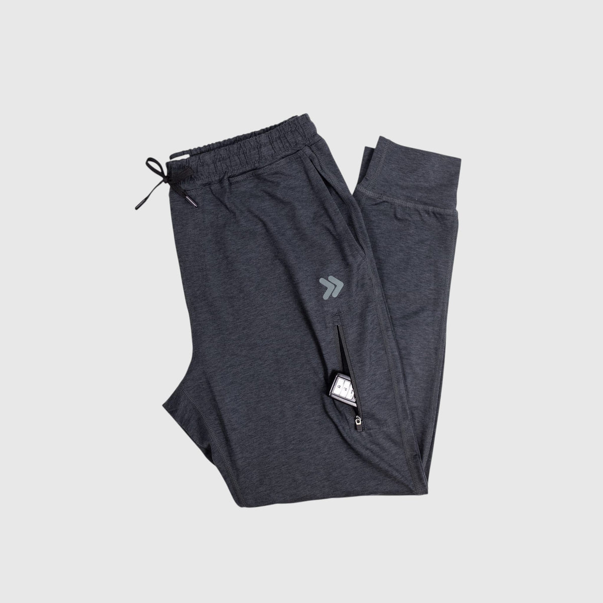 MOVE Sport Apparel Men’s Essential Jogger Black Label in Heather Black, showing the tapered leg and original thigh embellishment.