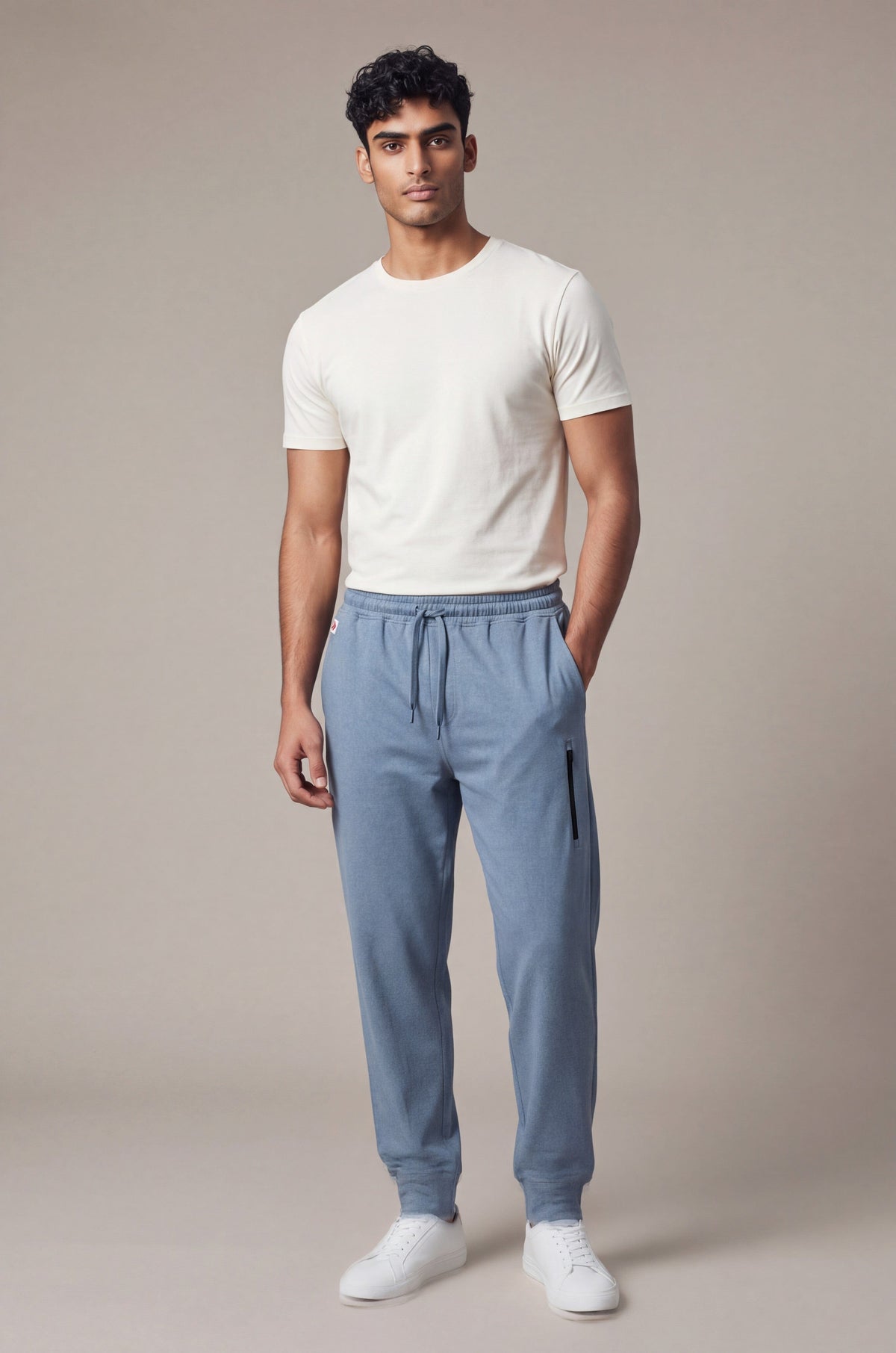 Male model wearing Blue Mirage MOVE Sport Apparel men’s Essential Jogger with a plain off-white T-shirt in a neutral studio.