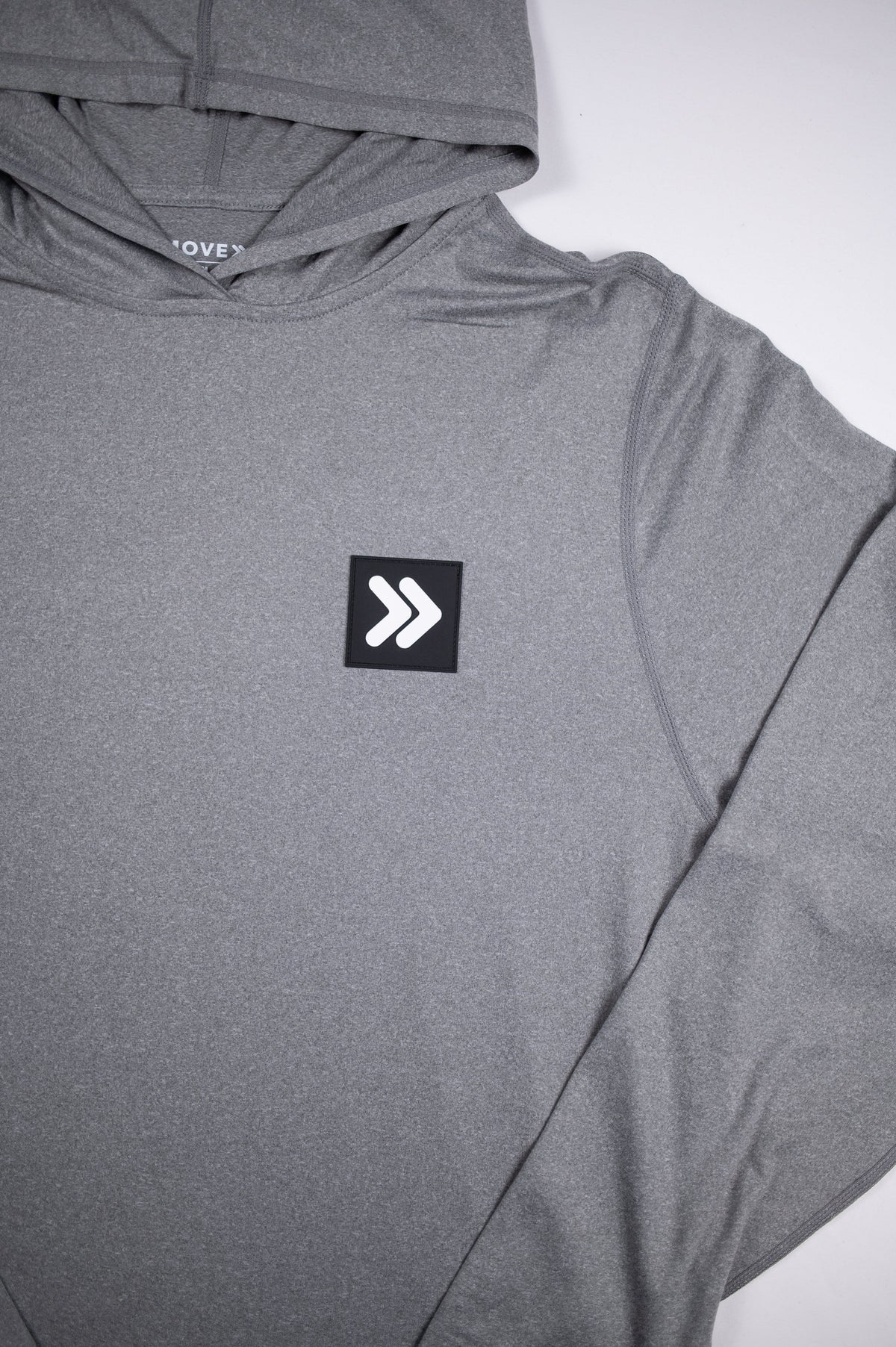 Heather Classic Gray sun hoodie front showing original left-chest embellishment.