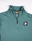 Close view of the Heather North Atlantic Essential Quarter Zip Pro collar, quarter zipper and original chest patch.