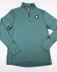 Front flat-lay view of the Heather North Atlantic MOVE Sport Apparel men’s Essential Quarter Zip Pro, showing the quarter zipper, chest patch and sleeve pocket.