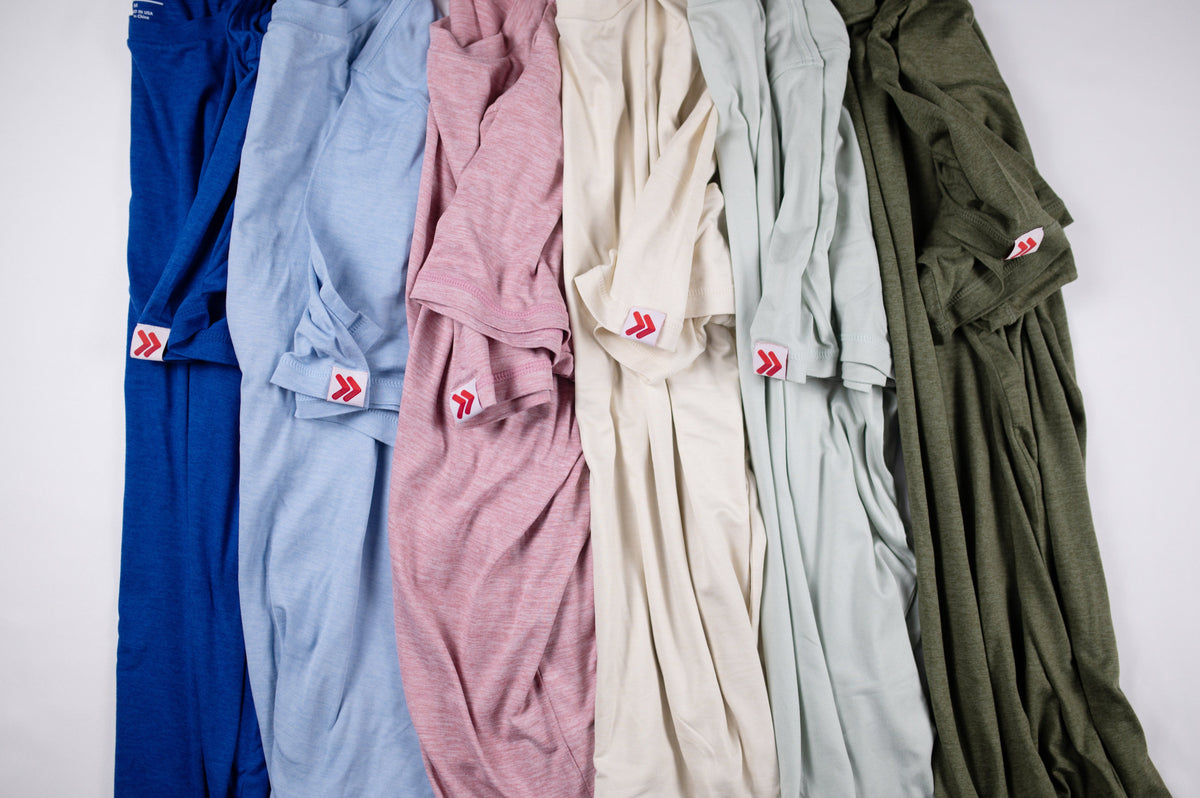 MOVE Sport Apparel men’s Essential Short Sleeve: Six color options arranged side by side.