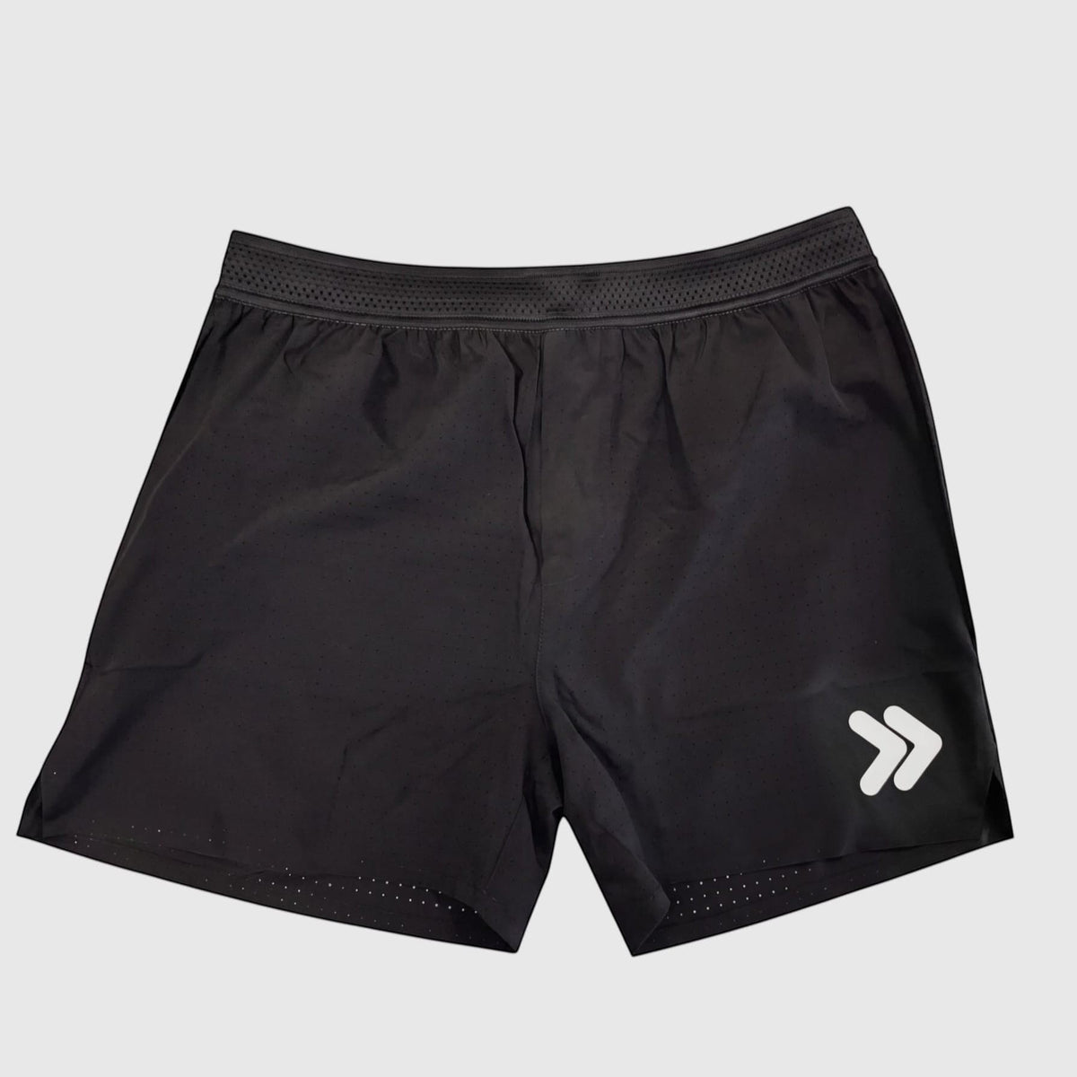 MOVE Sport Apparel Men’s Lightweight Athletic Running Shorts in Black, front view with original leg embellishment.