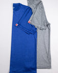 Blue and grey LuxDry Training T-Shirts arranged together as a flat lay.