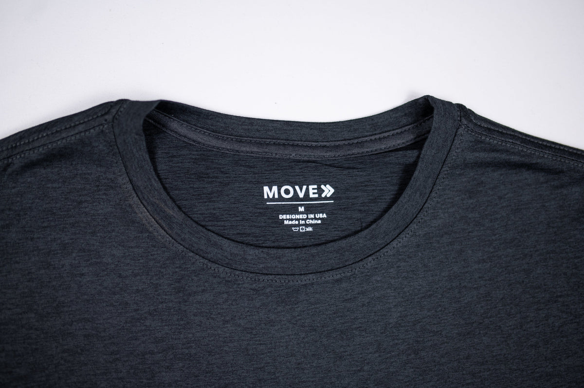 Asphalt merino tee neckline and original interior MOVE label.