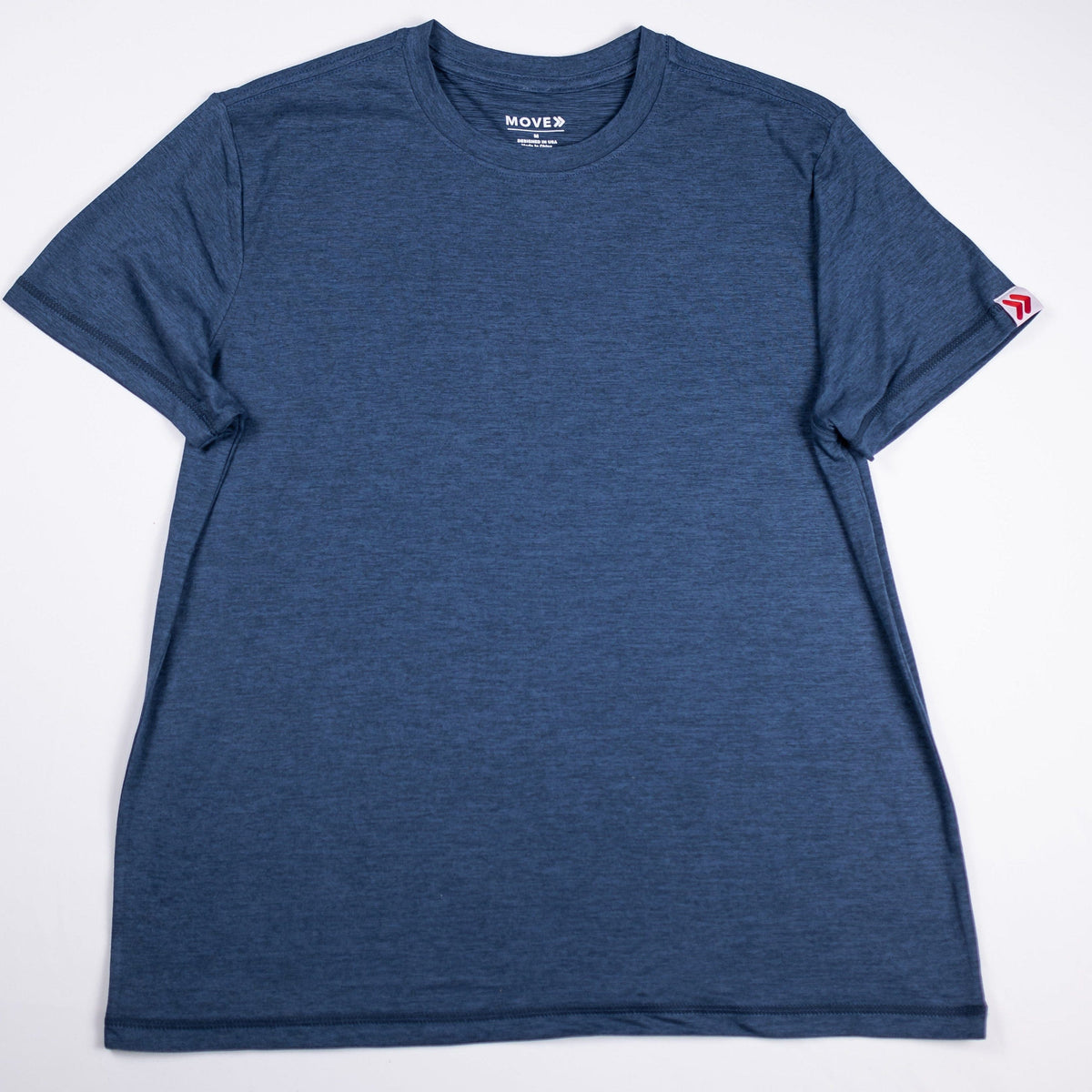 Front view of the Midnight Sail blue MOVE Sport Apparel men’s Merino Short Sleeve with original sleeve tab.
