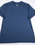Front view of the Midnight Sail blue MOVE Sport Apparel men’s Merino Short Sleeve with original sleeve tab.
