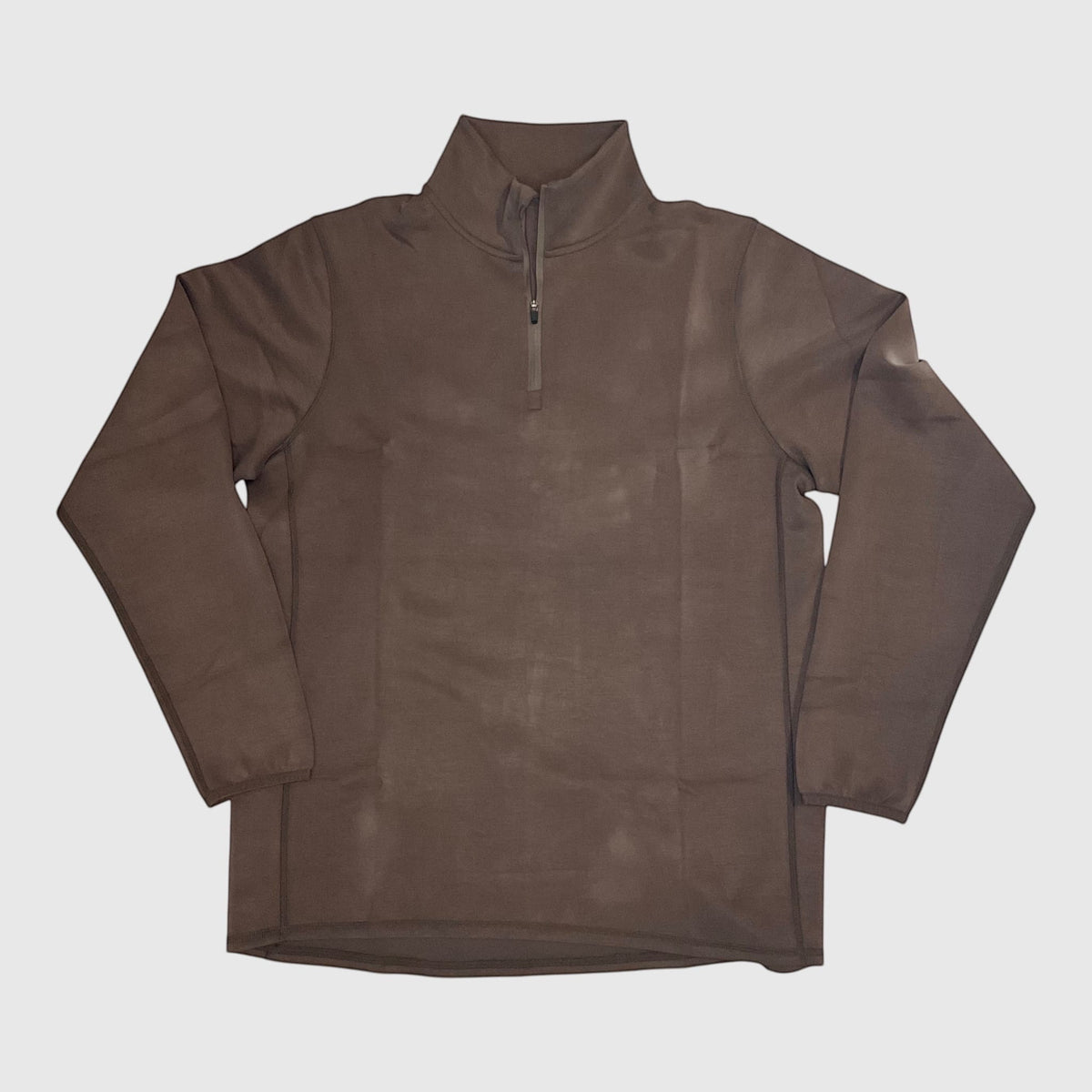 Front flat lay of the men’s Performance Quarter Zip Pullover in Coffee Quartz with stand collar and quarter zipper.