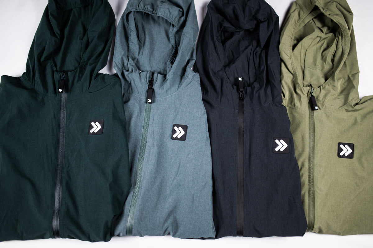 MOVE Sport Apparel men’s Soft Shell Jacket: Black, Balsam Green, Darkest Spruce and Cactus jacket color comparison.