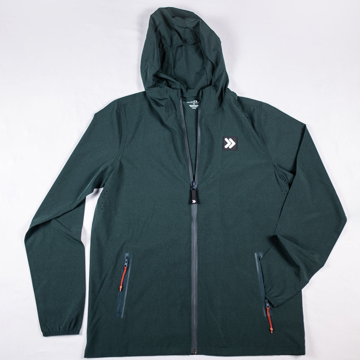 MOVE Sport Apparel men’s Soft Shell Jacket: Darkest Spruce hooded jacket front view.